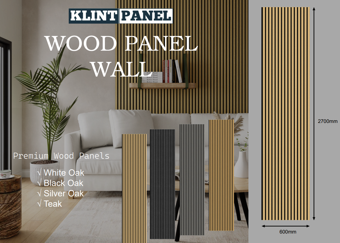 Klint Panel akustikpaneler i nyanserna White Oak, Black Oak, Silver Oak och Teak i ett ljust vardagsrum